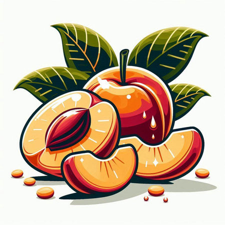 Peach fruit with leaves on a white background. Vector illustration.のイラスト素材