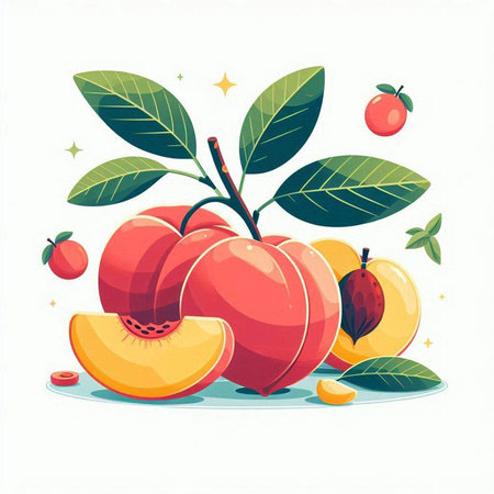 Peach fruit vector illustration. Juicy peach fruit with leaves isolated on white background.のイラスト素材