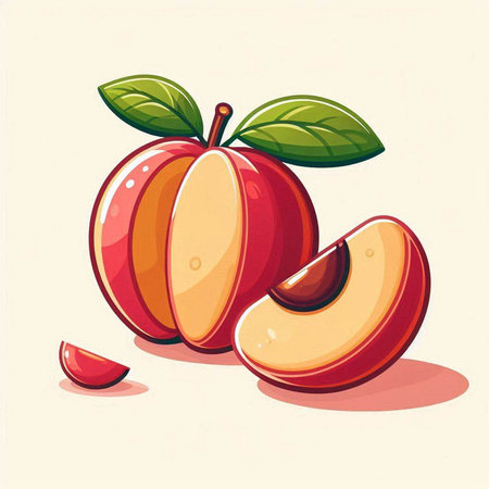 Peach fruit with slice and leaf on white background. Vector illustration.のイラスト素材