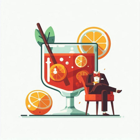 Cocktail with orange, lemon and ice in bar. Vector illustration.のイラスト素材