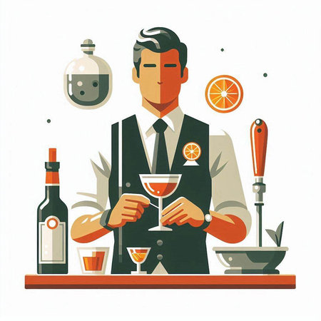 Illustration of a bartender preparing a cocktail. Vector illustration in flat style.のイラスト素材