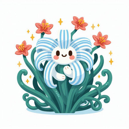 Cute cartoon monster with flowers. Vector illustration on white background.のイラスト素材