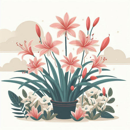 Flower pot with lilies. Vector illustration in retro style.のイラスト素材