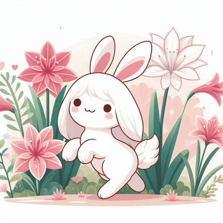 Cute cartoon bunny with flowers in the garden, vector illustration.のイラスト素材