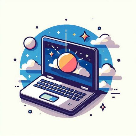 Laptop with sun and clouds on screen. Vector illustration in flat styleのイラスト素材