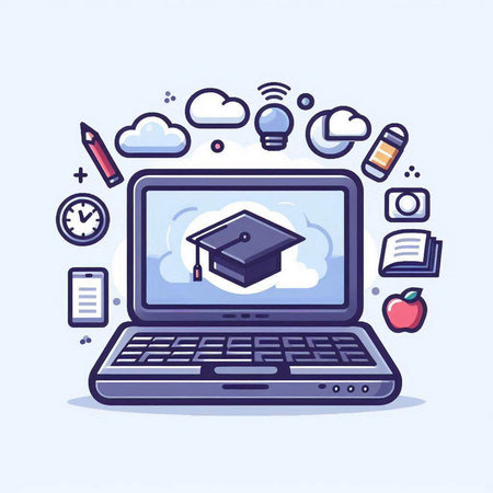 Online education concept. Laptop with graduation cap on screen. Vector illustrationのイラスト素材
