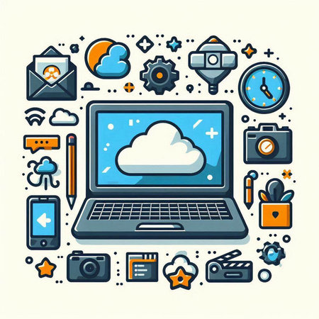 Vector illustration of cloud computing concept in thin line style. Icons for web and mobile applications.のイラスト素材
