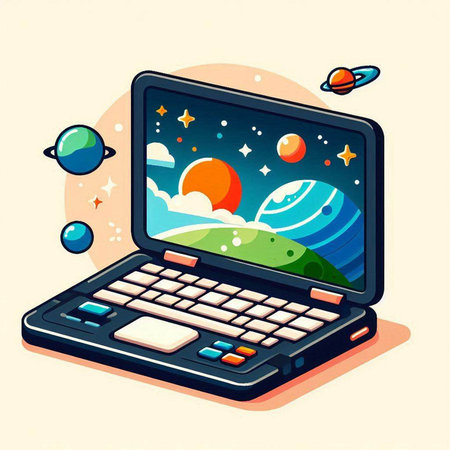 Laptop with solar system, planets and stars. Vector illustration.のイラスト素材