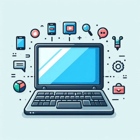 Laptop computer with social media icons. Modern thin line style vector illustration.のイラスト素材
