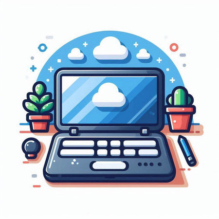 Laptop computer with cloud computing icon. Flat design vector illustration.のイラスト素材