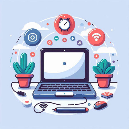 Laptop computer with social media icons. Vector illustration in flat styleのイラスト素材