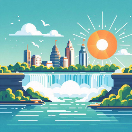 Waterfall in the city with sun and clouds. Vector illustration.のイラスト素材
