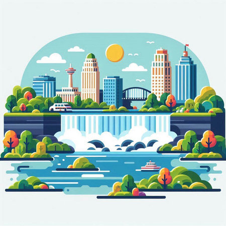 Vector illustration of the city landscape with a waterfall. Flat style.のイラスト素材