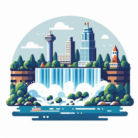 Waterfall in the city. Flat style vector illustration on white background.のイラスト素材
