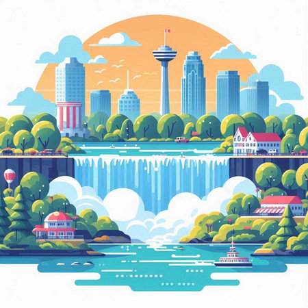 Landscape of the city, river, park and buildings. Vector illustrationのイラスト素材
