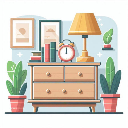 Vector illustration of a cozy living room with a nightstand, books, lamp and plantsのイラスト素材