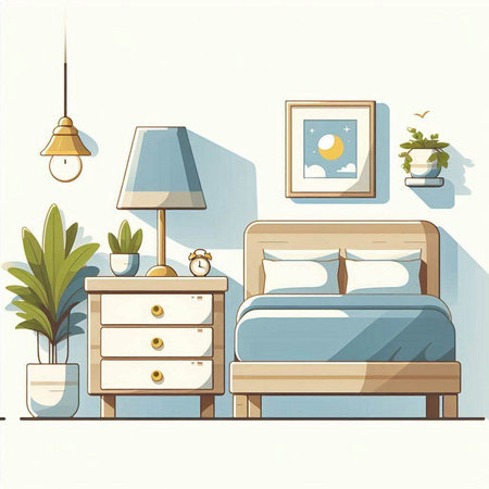 Vector illustration of bedroom interior with bed, lamp, lamp and plantsのイラスト素材