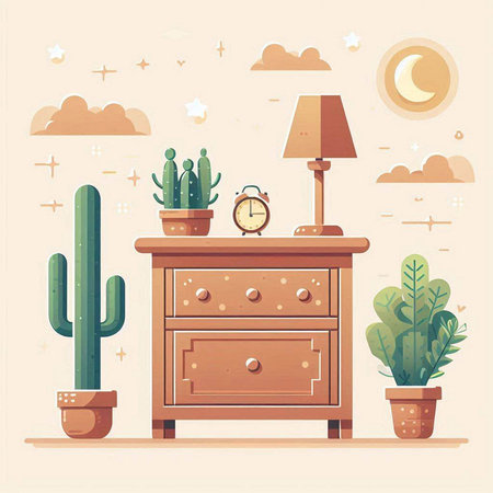 Vector illustration of night bedside table in flat style with cacti and clock.のイラスト素材