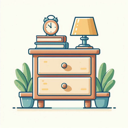 Vector illustration of nightstand with clock and books in flat style.のイラスト素材