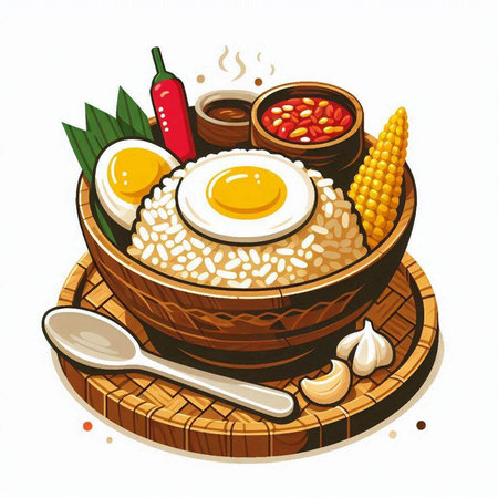 Illustration of a bowl of rice with a fried egg and vegetablesのイラスト素材