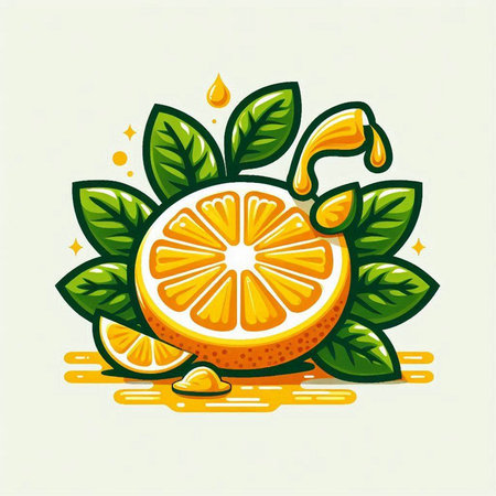 Orange fruit with leaves and juice splash. Vector illustration for your designのイラスト素材
