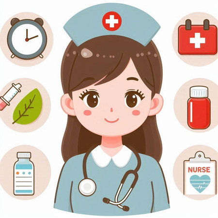 Nurse with medical icon set. Vector illustration in cartoon style.のイラスト素材