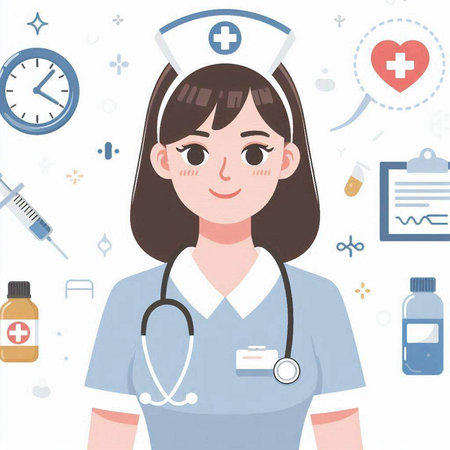 Nurse with stethoscope and medical icons. Vector illustration.のイラスト素材