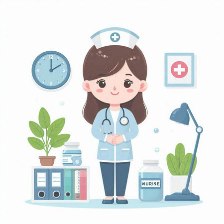 Nurse with stethoscope and medicine. Vector illustration in cartoon style.のイラスト素材