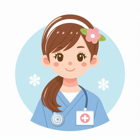 Female nurse with stethoscope and flower in her hair. Vector illustration.のイラスト素材