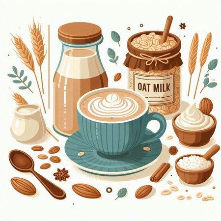 Coffee cup with milk and ingredients. Vector illustration of a cup of cappuccino, coffee beans, cinnamon, anise, star anise.のイラスト素材