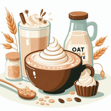 Illustration of a cup of coffee, a bottle of milk, a cupcake and grainsのイラスト素材