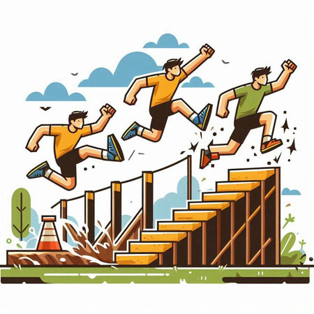 Vector illustration of a group of people jumping up the stairs in the parkのイラスト素材