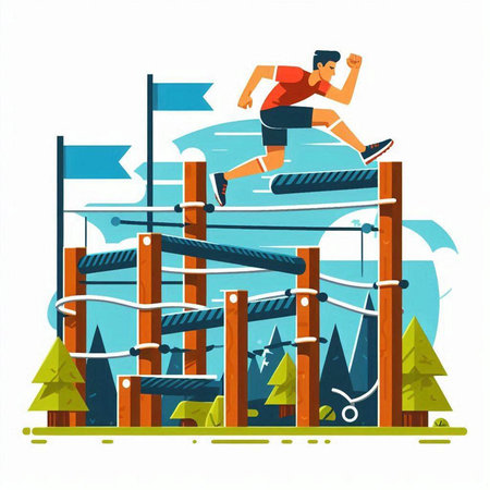 Athlete running on obstacle course. Flat style vector illustration.のイラスト素材