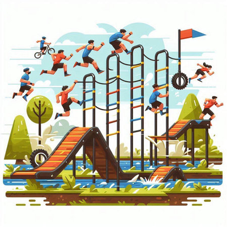 Vector illustration of a childrens slide on the river. Kids having fun on the playground.のイラスト素材