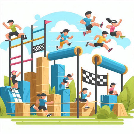 Jumping competition flat color vector illustration. Group of people jumping over obstacles on obstacle course isolated cartoon characters on white backgroundのイラスト素材