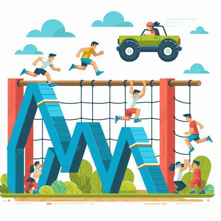Sportive people jumping on the playground. Flat style vector illustration.のイラスト素材