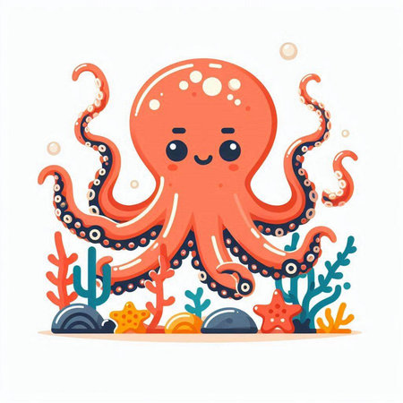 Cute cartoon octopus character with tentacles and corals. Vector illustrationのイラスト素材