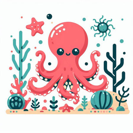 Cute octopus in the sea. Vector illustration in flat style.のイラスト素材