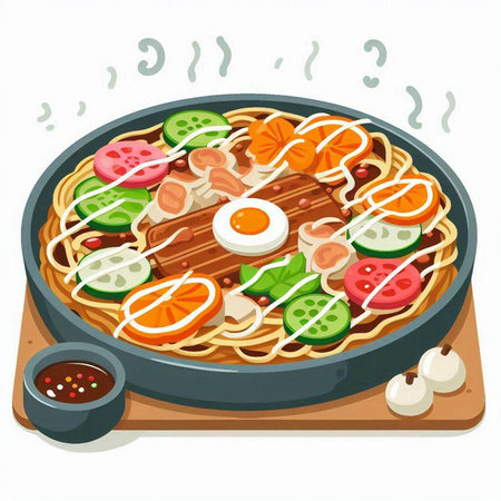 Illustration of a Japanese Udon noodle in a frying panのイラスト素材