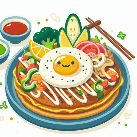 Illustration of a Fried Egg with Vegetables, Sushi and Sauceのイラスト素材