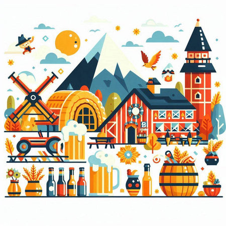 Vector flat illustration of Oktoberfest festival with traditional beer festival.のイラスト素材