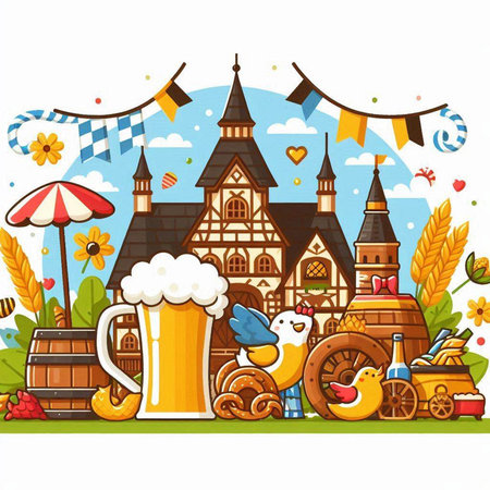 Oktoberfest festival background with beer mug, pretzel and traditional symbolsのイラスト素材