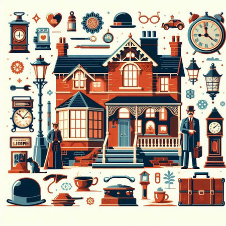 Vector set of different vintage home objects. Illustration in flat style.のイラスト素材