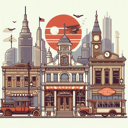 Cityscape of Chicago, USA. Vector illustration in vintage style.のイラスト素材