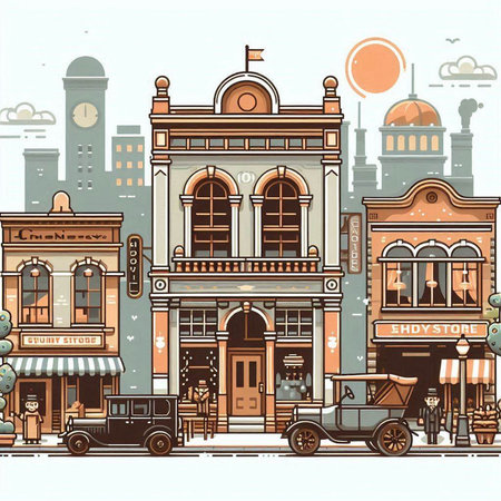 Vector illustration of a city street with old buildings, shops, cafes and restaurants.のイラスト素材