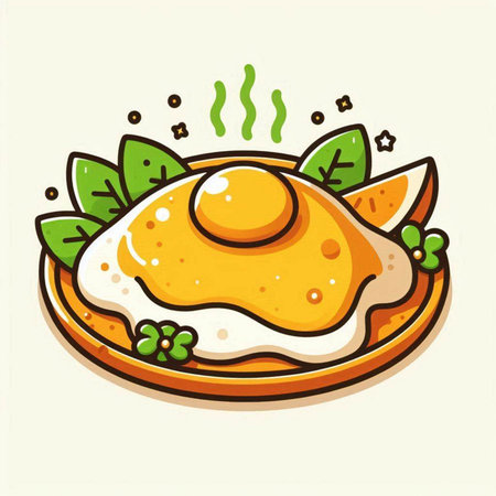 Illustration of a fried egg on a plate with green leaves.のイラスト素材