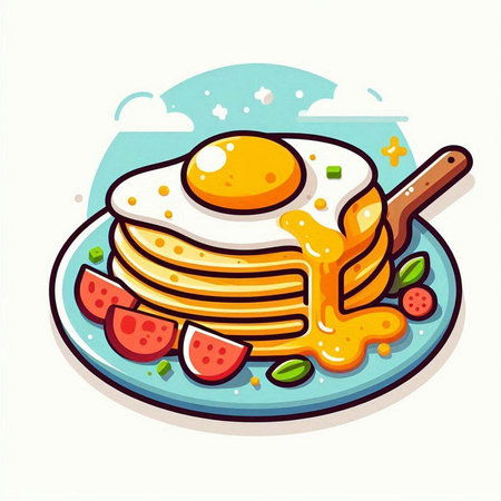 Pancakes with honey and strawberries on a plate. Vector illustration.のイラスト素材