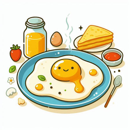 Illustration of fried egg on a plate with toast and jam.のイラスト素材