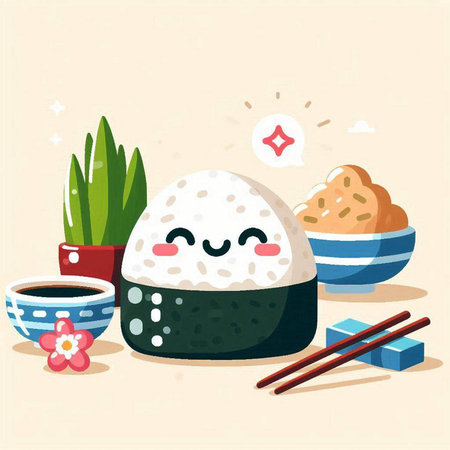 Illustration of a cute japanese rice ball with chopsticksのイラスト素材