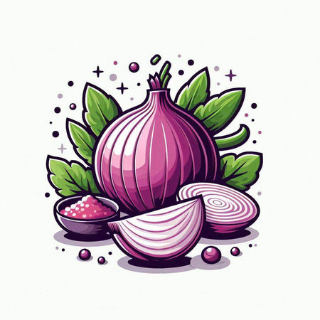 Vector illustration of onion with green leaves and spices in cartoon style.のイラスト素材